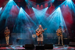 Das Bild zeigt eine Band auf der Bühne, der Hintergrund ist rot beleuchtet aber mit weiteren Scheinwerferm werden blaue Lichtkegel auf die Band gestrahlt.