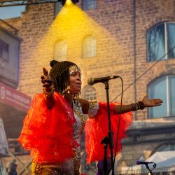 Das Bild zeigt eine Person mit aufälliger, pompöser Kleidung. Sie hat die Arme nach vorne ausgebreitet und singt in das Mikrofon vor ihr.