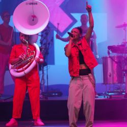 Die Musiker der Band im Einsatz bei lila Licht. Links ein Mann mit Sousaphon und rechts eine singendePerson die den linken Arm nach oben streckt.