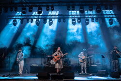 Das Bild zeigt eine Band auf der Bühne. Sie ist in blaues Licht und Nebel getaucht.